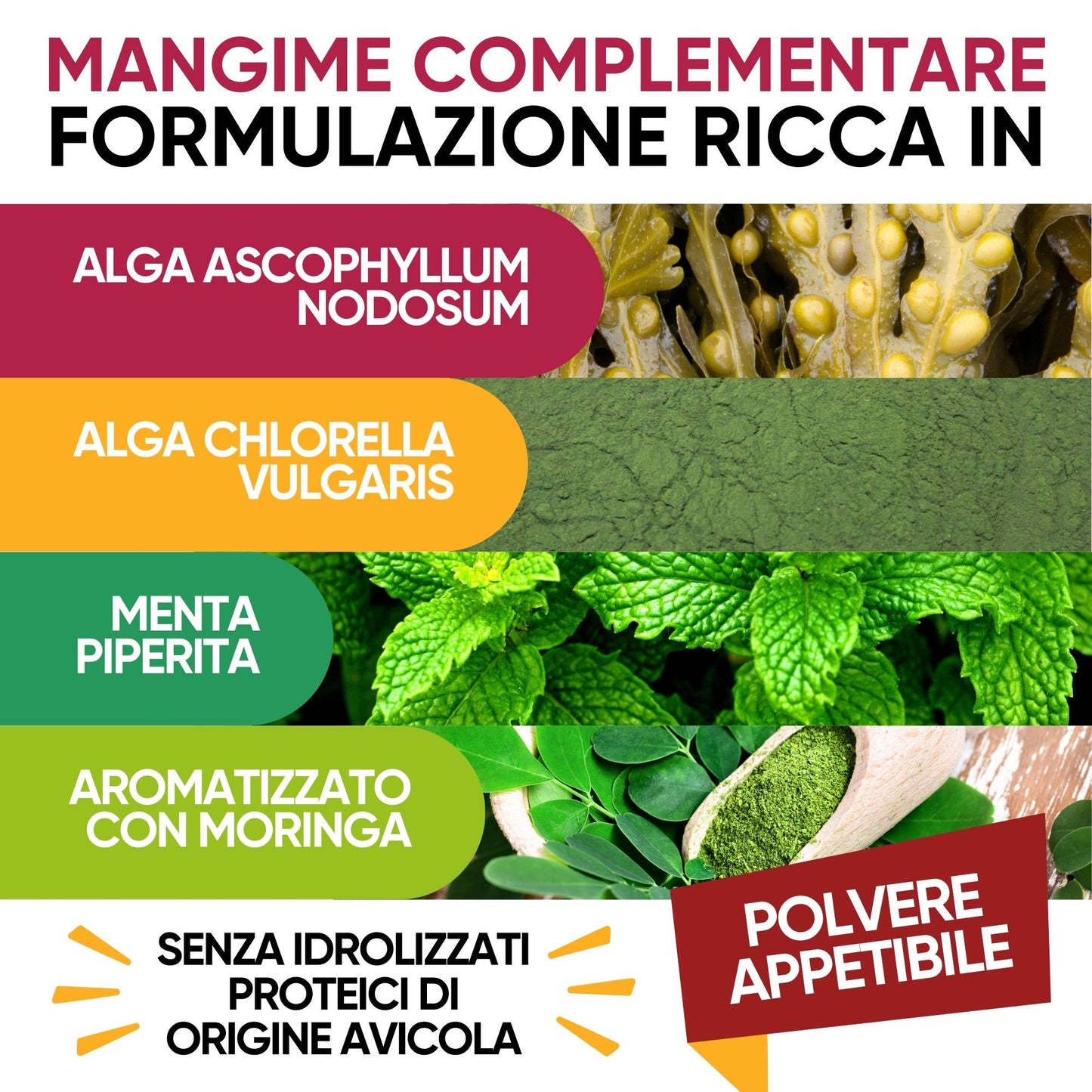 Facile da somministrare – integratore orale per cani in polvere da aggiungere al cibo.